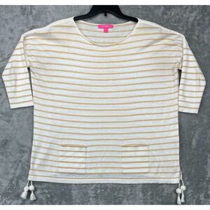 Lilly Pulitzer Elba Tunic White w/Stripes Lightweight Sz Medium Pockets Tassels